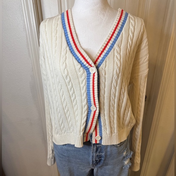 Prince Cream Cable Knit Cardigan with Red and Blue Accents - Picture 1 of 6